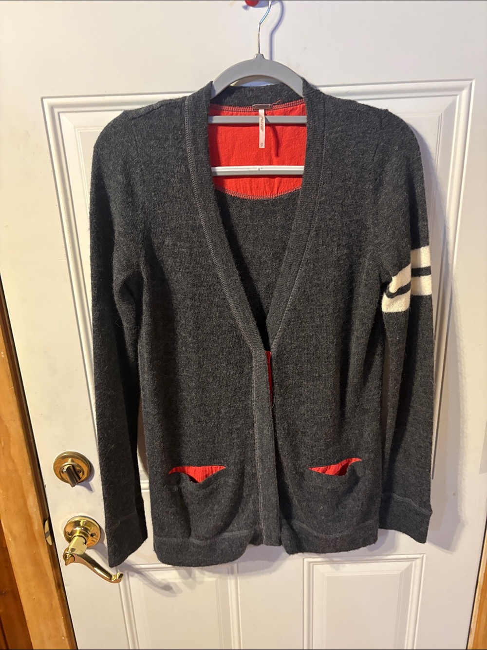 Free People Gray Wool Blend Cardigan Sweater Red Contrast Pockets Striped Sleeve